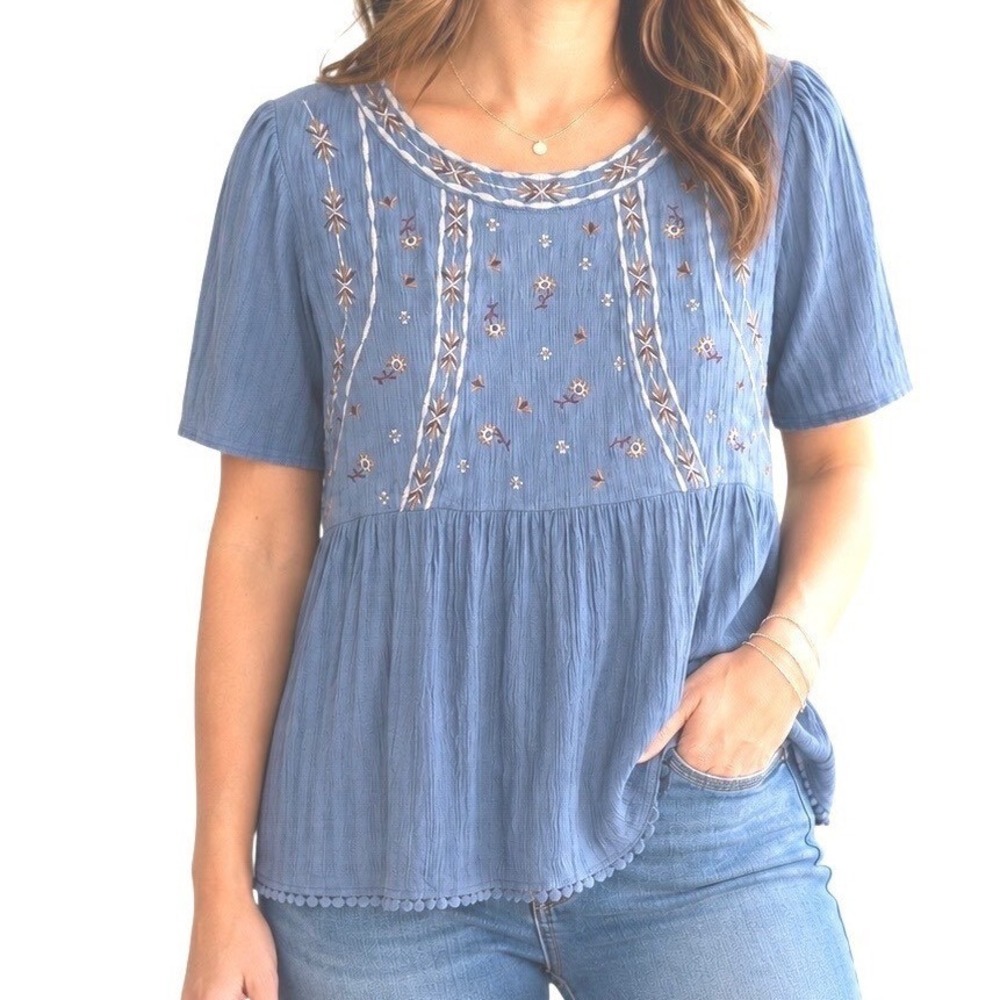Knox Rose Slate Blue Embroidered Boho Peplum Babydoll Top XL Short Sleeve Gauze